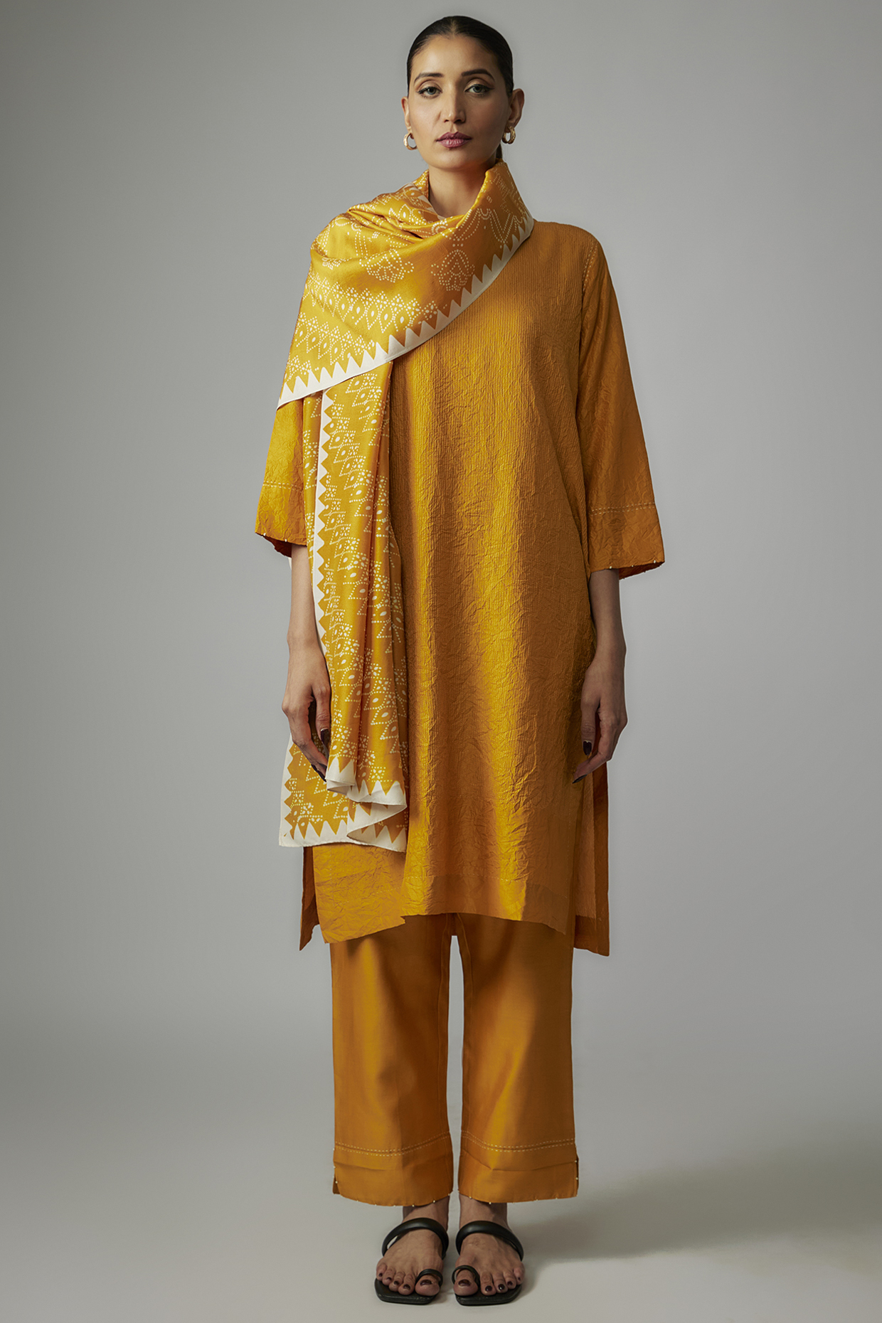 Yellow Mulberry Silk Handmade Kantha Kurta Set by Divyam Mehta at Pernia's Pop Up Shop