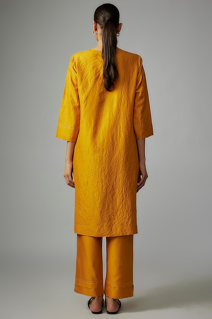 Yellow Mulberry Silk Handmade Kantha Kurta Set by Divyam Mehta at Pernia's Pop Up Shop