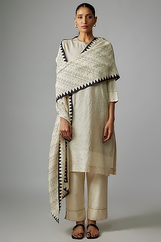 Badami Mulberry Silk Handmade Kantha Kurta Set by Divyam Mehta