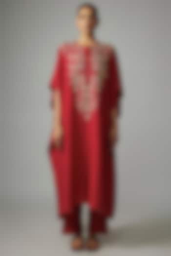 Red Mulberry Silk Mirror Embroidered Kaftan Set by Divyam Mehta