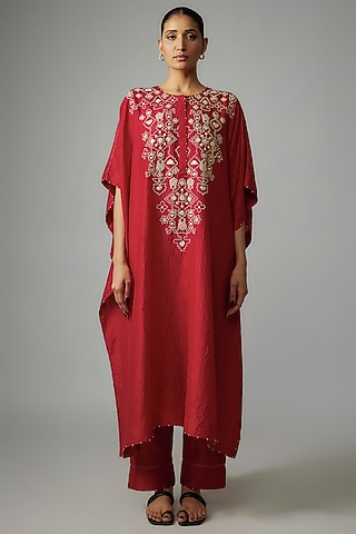 Red Mulberry Silk Mirror Embroidered Kaftan Set by Divyam Mehta