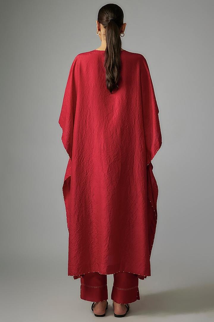 Red Mulberry Silk Mirror Embroidered Kaftan Set by Divyam Mehta at Pernia's Pop Up Shop