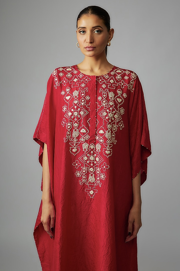 Red Mulberry Silk Mirror Embroidered Kaftan Set by Divyam Mehta at Pernia's Pop Up Shop