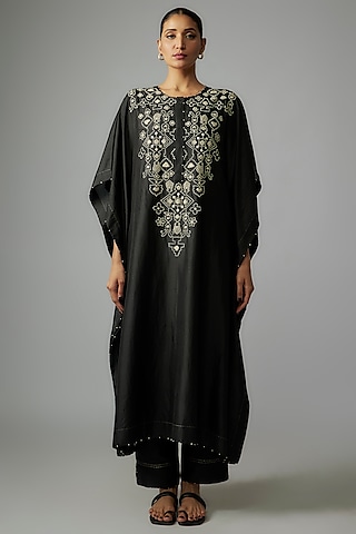 Black Mulberry Silk Mirror Embroidered Kaftan Set by Divyam Mehta