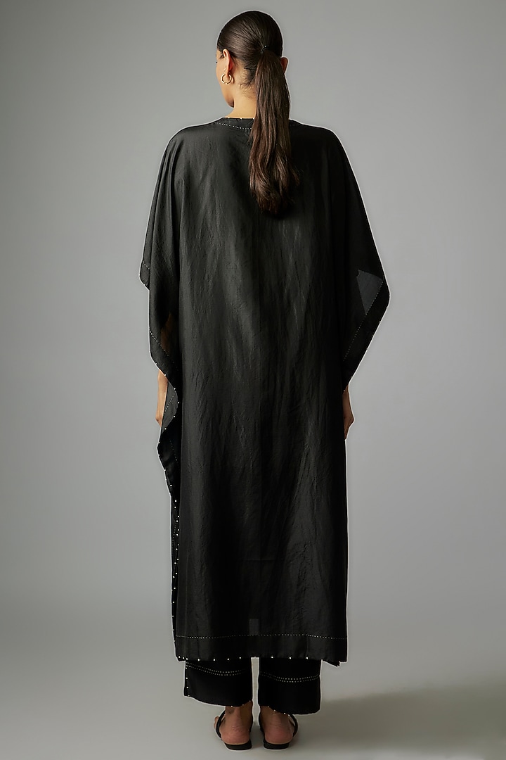 Black Mulberry Silk Mirror Embroidered Kaftan Set by Divyam Mehta at Pernia's Pop Up Shop