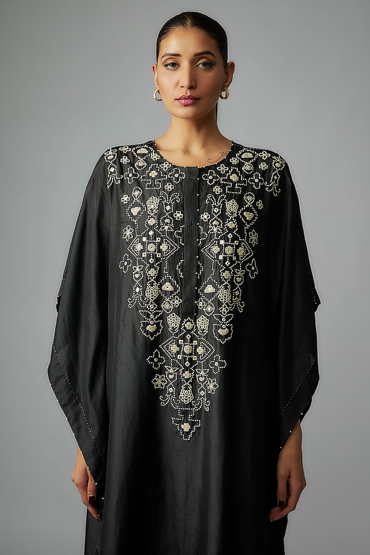 Black Mulberry Silk Mirror Embroidered Kaftan Set by Divyam Mehta at Pernia's Pop Up Shop