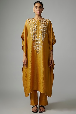 Yellow Mulberry Silk Mirror Embroidered Kaftan Set by Divyam Mehta