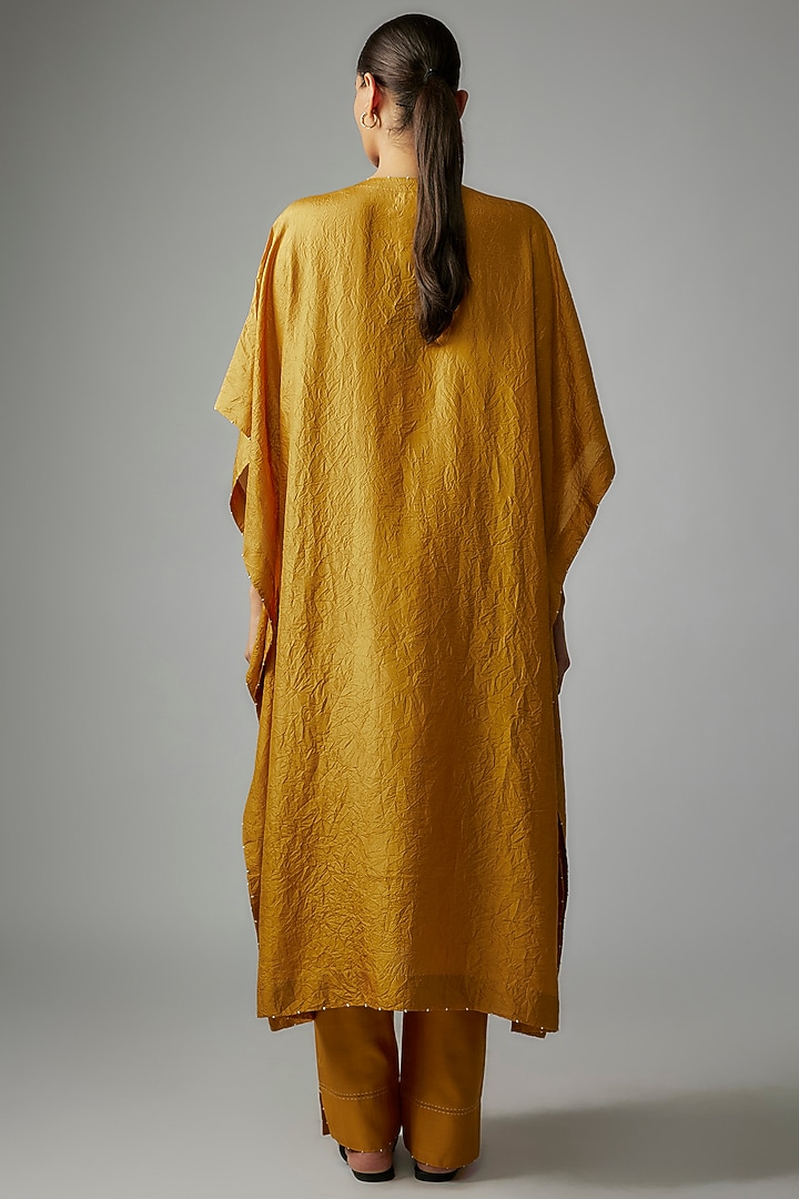 Yellow Mulberry Silk Mirror Embroidered Kaftan Set by Divyam Mehta at Pernia's Pop Up Shop