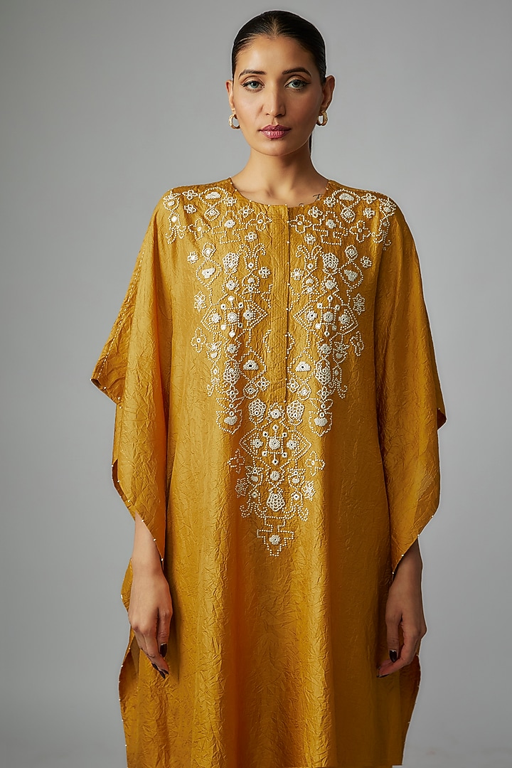 Yellow Mulberry Silk Mirror Embroidered Kaftan Set by Divyam Mehta at Pernia's Pop Up Shop