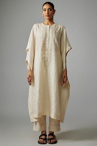 Ivory Mulberry Silk Mirror Embroidered Kaftan Set by Divyam Mehta