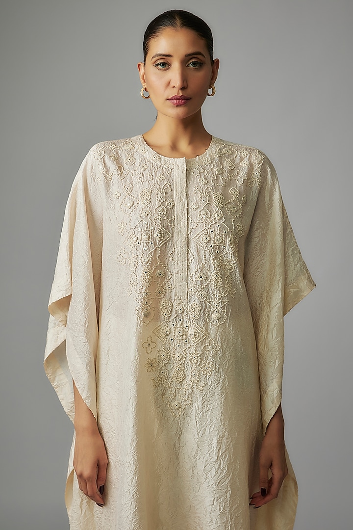 Ivory Mulberry Silk Mirror Embroidered Kaftan Set by Divyam Mehta at Pernia's Pop Up Shop