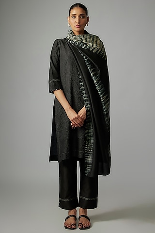 Black Mulberry Silk Handmade Kantha Kurta Set by Divyam Mehta