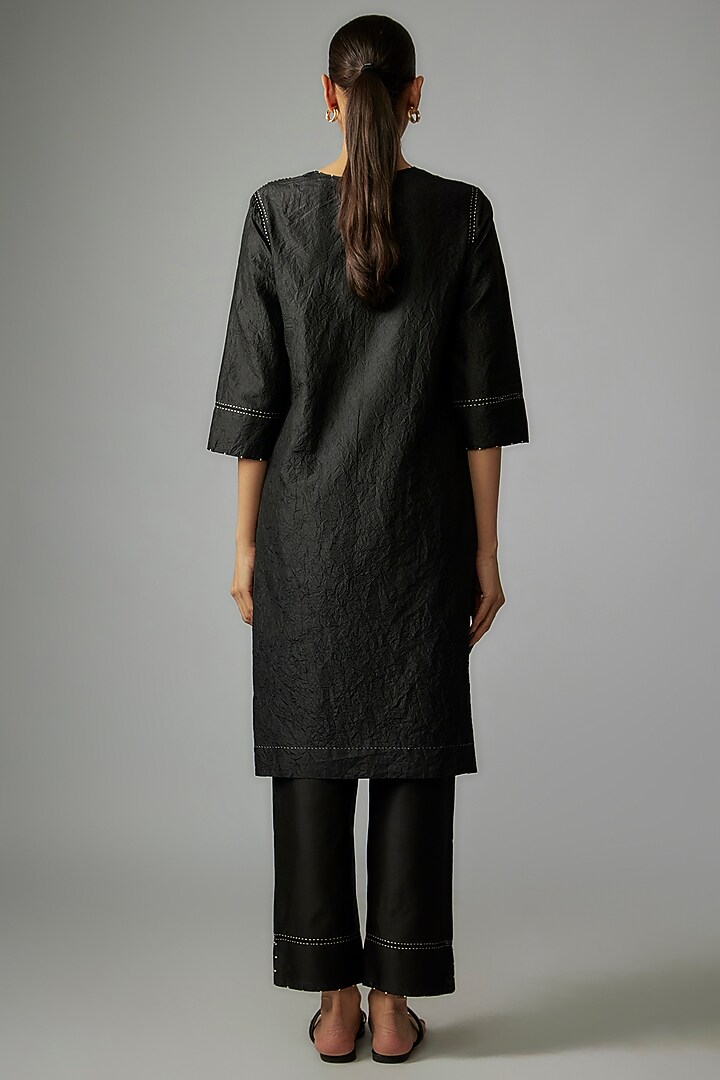 Black Mulberry Silk Handmade Kantha Kurta Set by Divyam Mehta at Pernia's Pop Up Shop