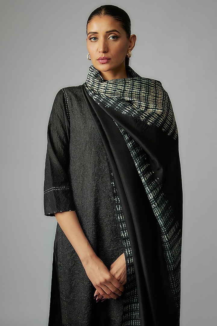 Black Mulberry Silk Handmade Kantha Kurta Set by Divyam Mehta at Pernia's Pop Up Shop