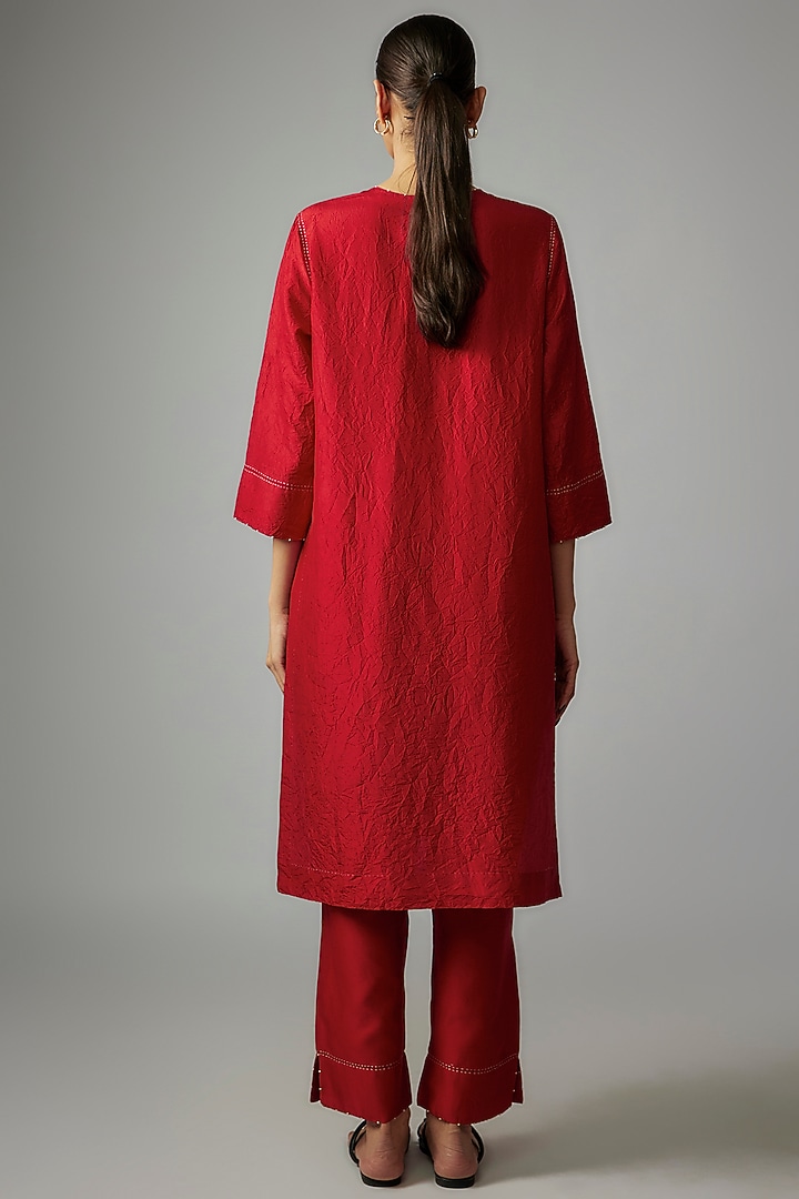Red Mulberry Silk Handmade Kantha Kurta Set by Divyam Mehta at Pernia's Pop Up Shop