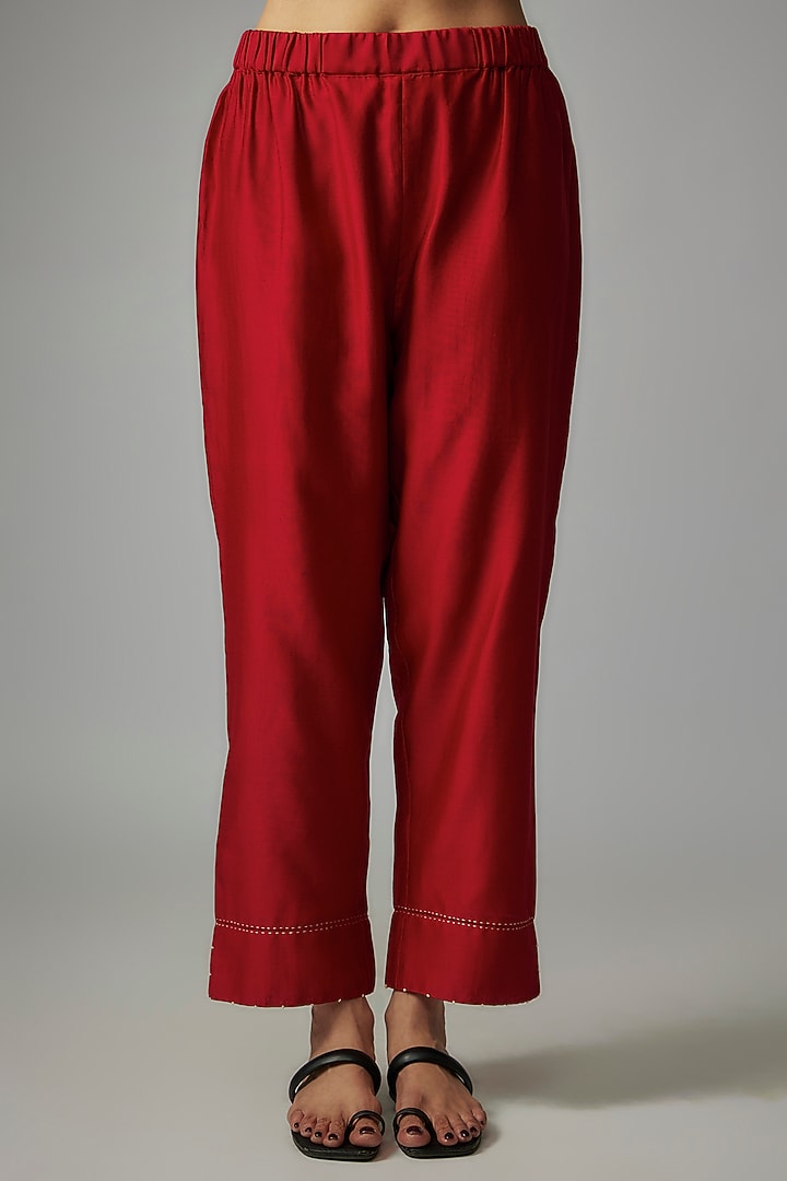 Red Mulberry Silk Handmade Kantha Kurta Set by Divyam Mehta at Pernia's Pop Up Shop