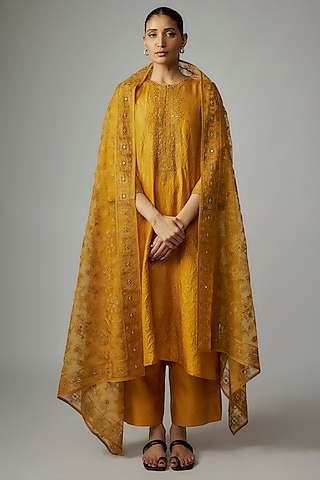 Yellow Mulberry Silk Mirror Embroidered Kurta Set by Divyam Mehta