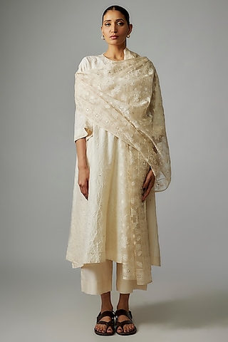 Ivory Mulberry Silk Mirror Embroidered Kurta Set by Divyam Mehta