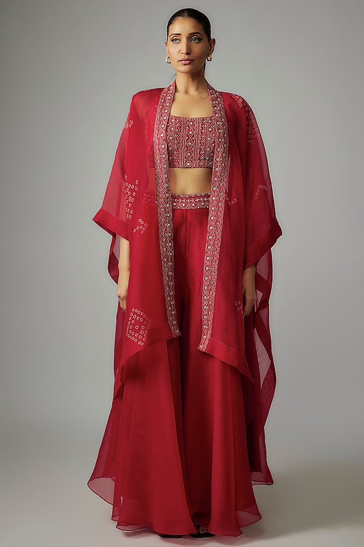 Red Mulberry Silk Hand-Dyed Bandhani Embroidered Cape Set by Divyam Mehta
