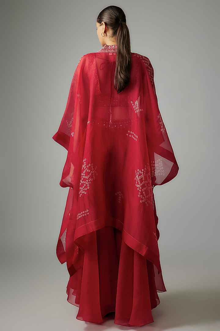 Red Mulberry Silk Hand-Dyed Bandhani Embroidered Cape Set by Divyam Mehta at Pernia's Pop Up Shop