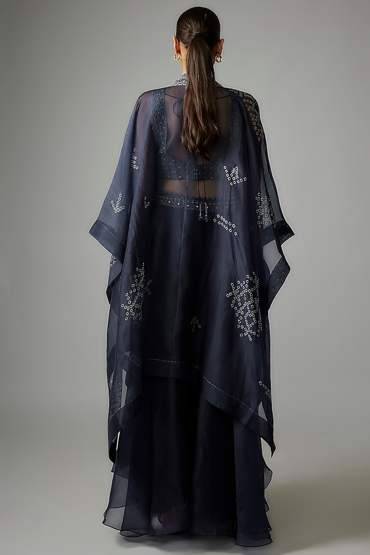 Dark Indigo Mulberry Silk Hand-Dyed Bandhani Embroidered Cape Set by Divyam Mehta at Pernia's Pop Up Shop