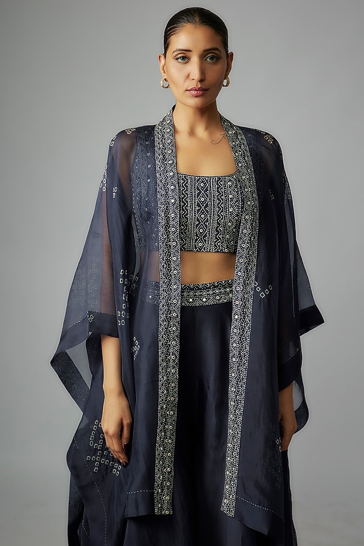 Dark Indigo Mulberry Silk Hand-Dyed Bandhani Embroidered Cape Set by Divyam Mehta at Pernia's Pop Up Shop