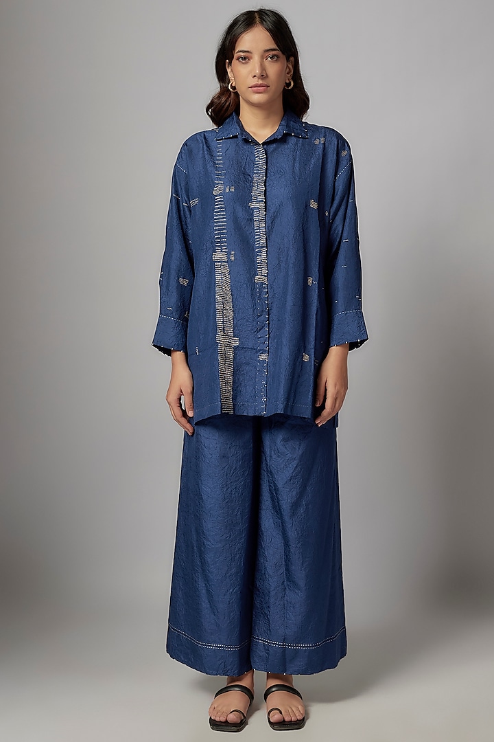 Blue Mulberry Silk Embroidered Co-Ord Set by Divyam Mehta at Pernia's Pop Up Shop