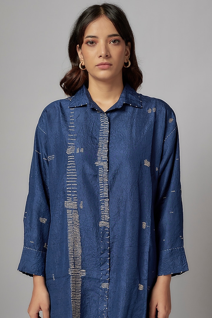 Blue Mulberry Silk Embroidered Co-Ord Set by Divyam Mehta at Pernia's Pop Up Shop