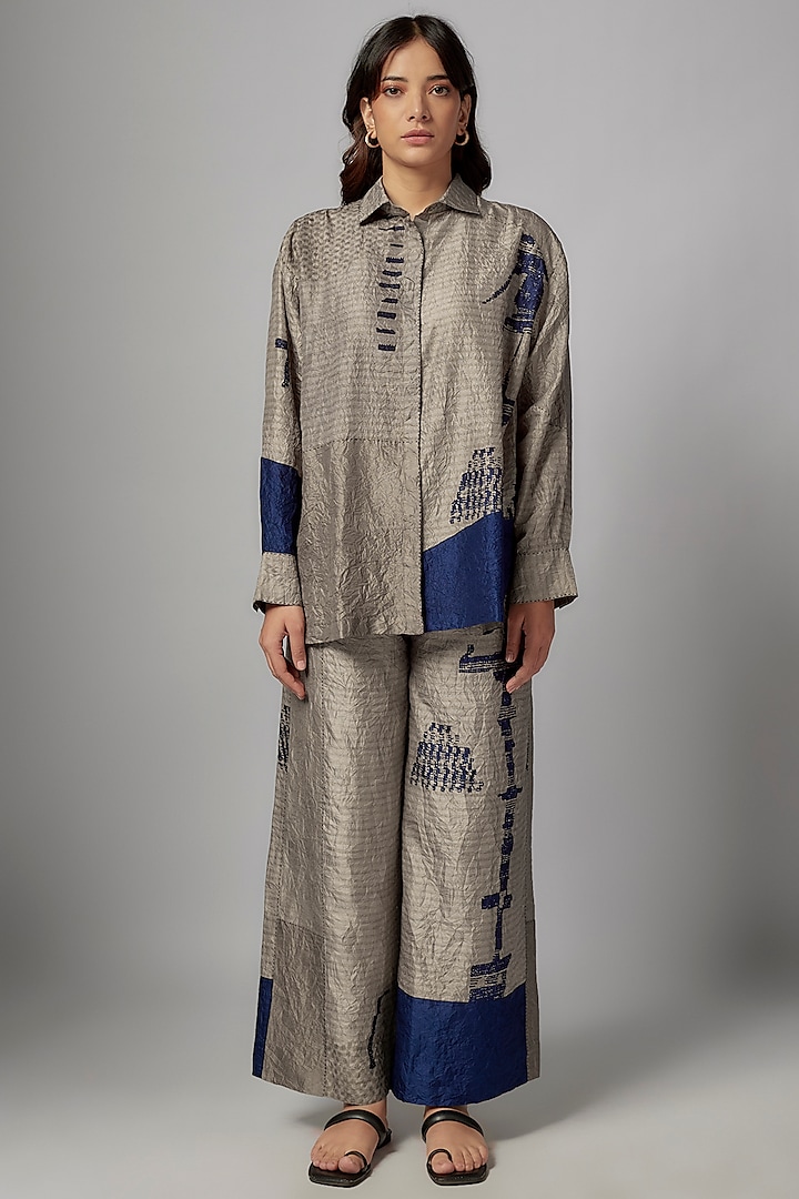 Grey Mulberry Silk Moroccan Printed Co-Ord Set by Divyam Mehta