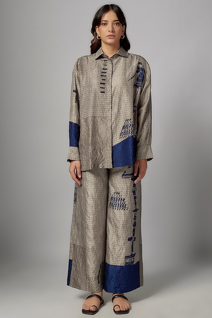 Grey Mulberry Silk Moroccan Printed Co-Ord Set by Divyam Mehta at Pernia's Pop Up Shop