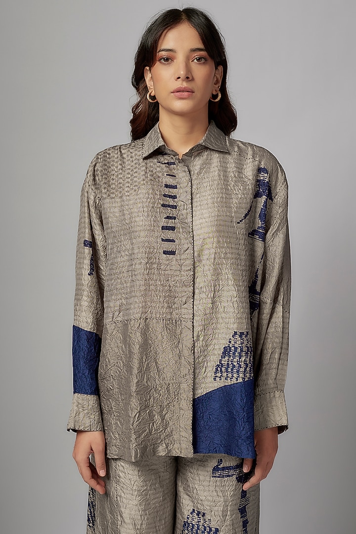 Grey Mulberry Silk Moroccan Printed Co-Ord Set by Divyam Mehta at Pernia's Pop Up Shop