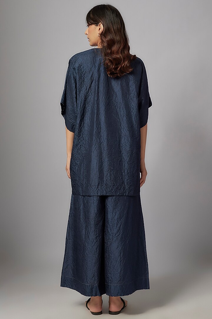 Indigo Mulberry Silk Moroccan Printed Co-Ord Set by Divyam Mehta at Pernia's Pop Up Shop
