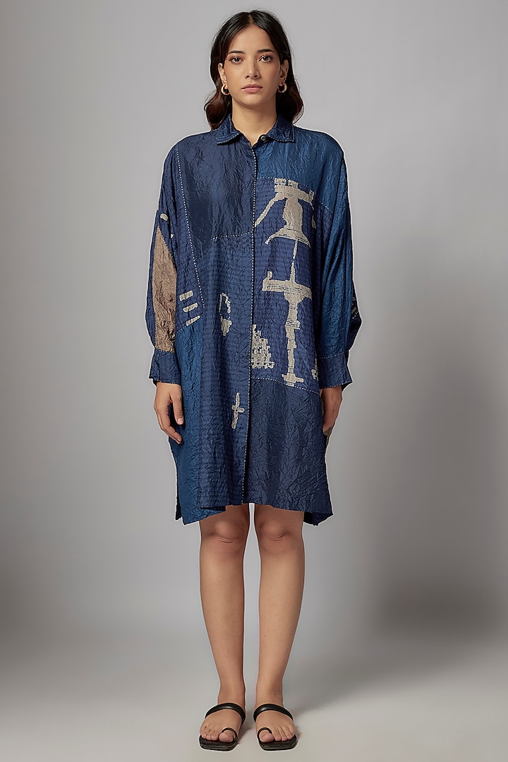 Dark Indigo Mulberry Silk Moroccan Printed Long Shirt by Divyam Mehta