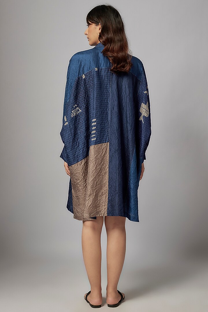 Dark Indigo Mulberry Silk Moroccan Printed Long Shirt by Divyam Mehta at Pernia's Pop Up Shop