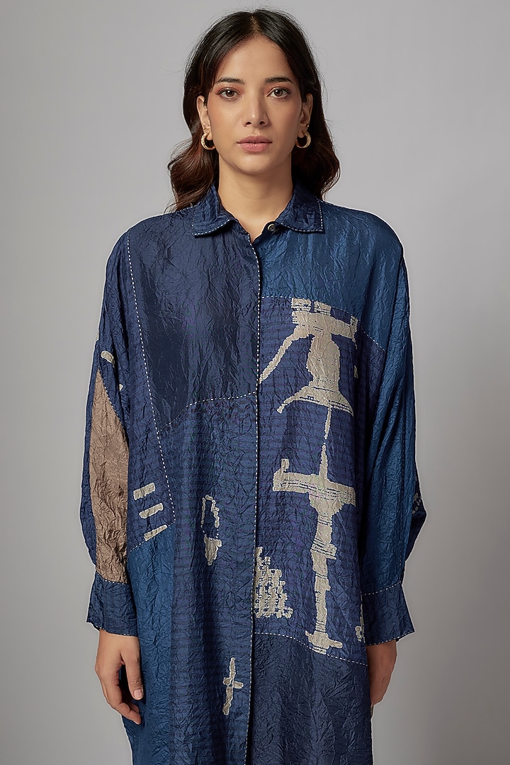 Dark Indigo Mulberry Silk Moroccan Printed Long Shirt by Divyam Mehta at Pernia's Pop Up Shop