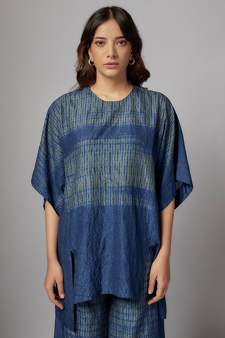 Teal Mulberry Silk Hand-Dyed Shibori Co-Ord Set by Divyam Mehta at Pernia's Pop Up Shop