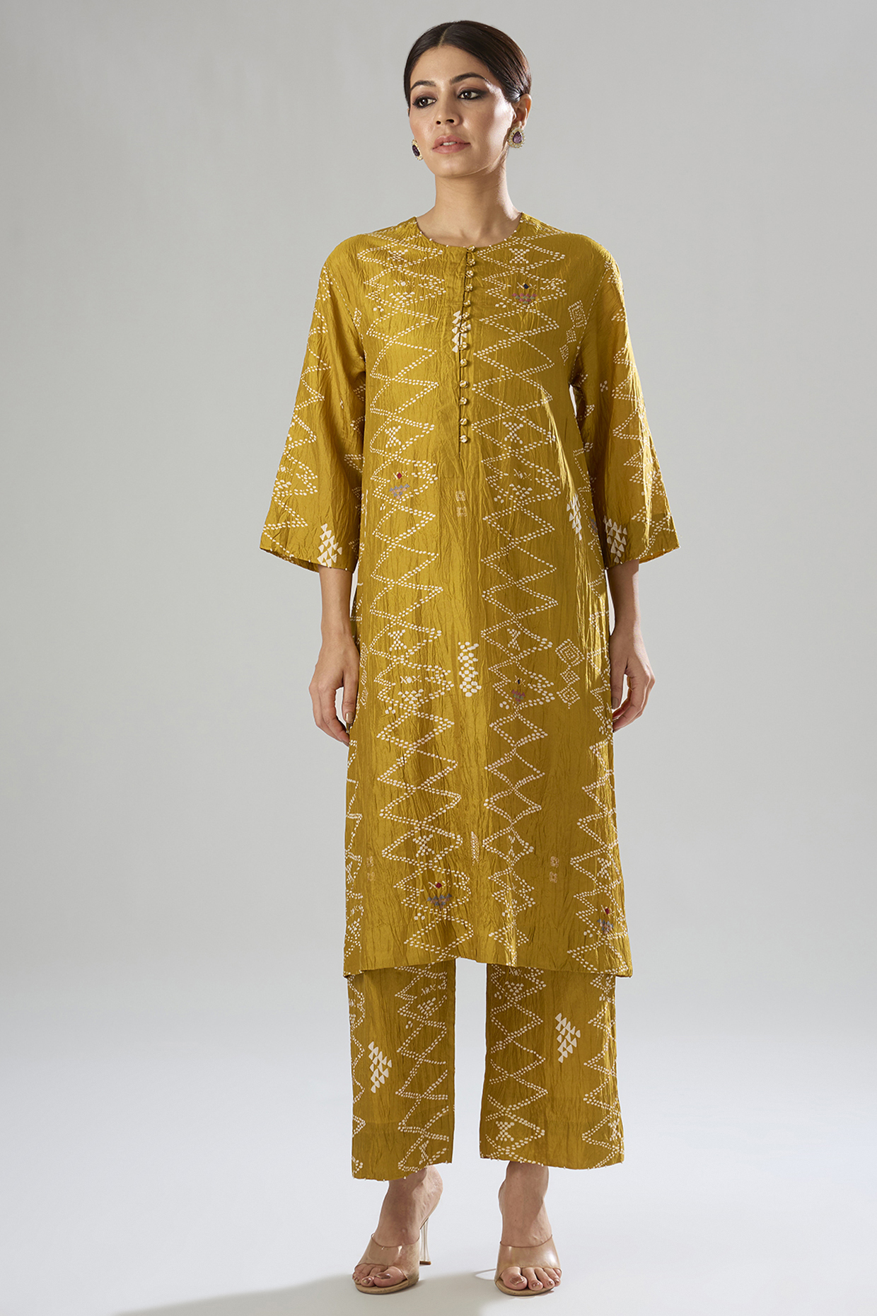 Yellow Mulberry Silk Block Printed Kurta Set by Divyam Mehta at Pernia's Pop Up Shop