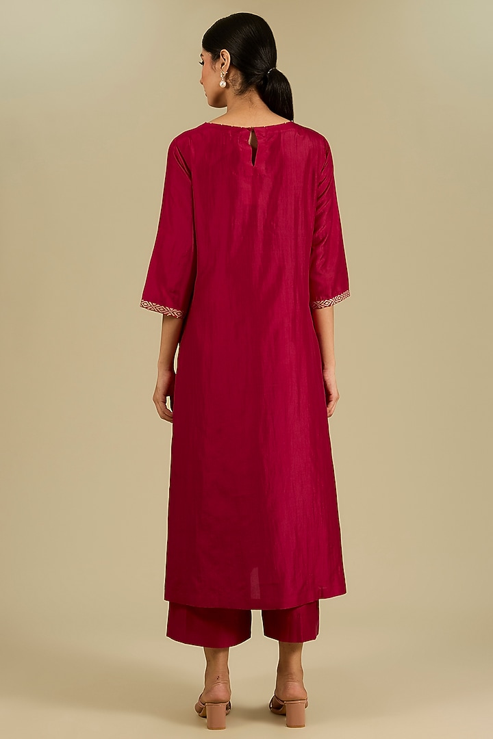 Poppy Red Mulberry Silk Hand Embroidered Kurta Set by Divyam Mehta at Pernia's Pop Up Shop