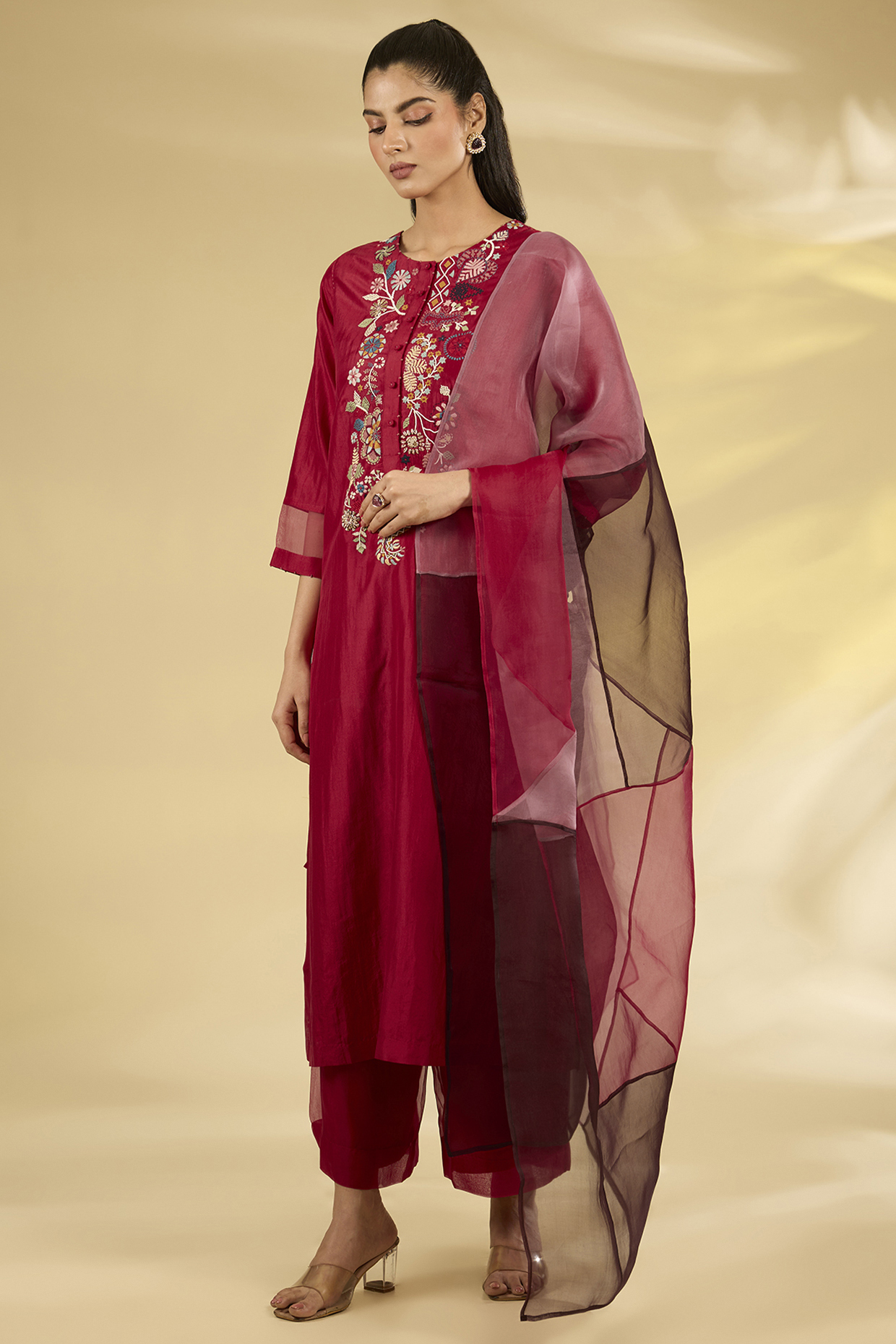 Poppy Red Mulberry Silk Hand Embroidered Kurta Set by Divyam Mehta at Pernia's Pop Up Shop