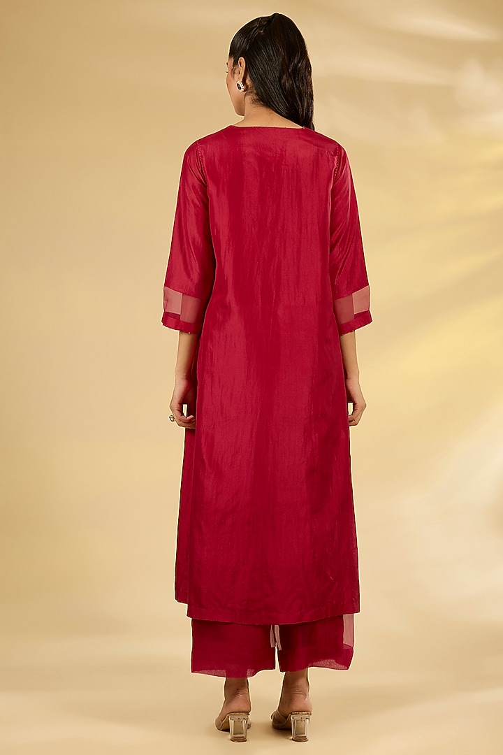 Poppy Red Mulberry Silk Hand Embroidered Kurta Set by Divyam Mehta at Pernia's Pop Up Shop