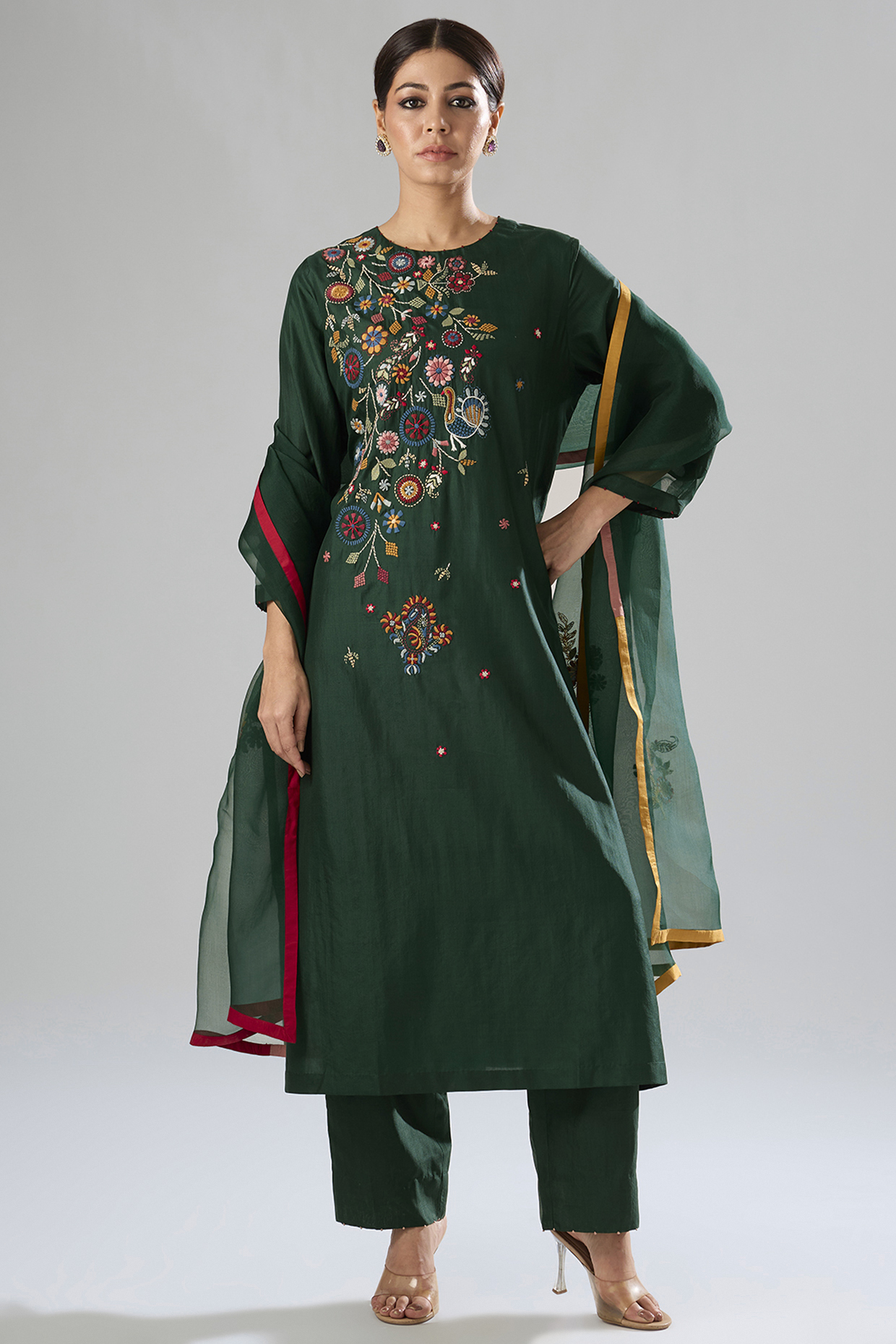 Amazon Green Mulberry Silk Hand Embroidered Kurta Set by Divyam Mehta at Pernia's Pop Up Shop
