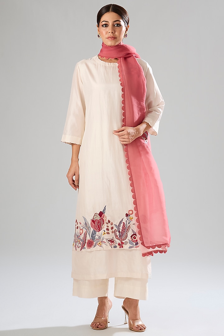 Beige Mulberry Silk Hand Embroidered Kurta Set by Divyam Mehta at Pernia's Pop Up Shop