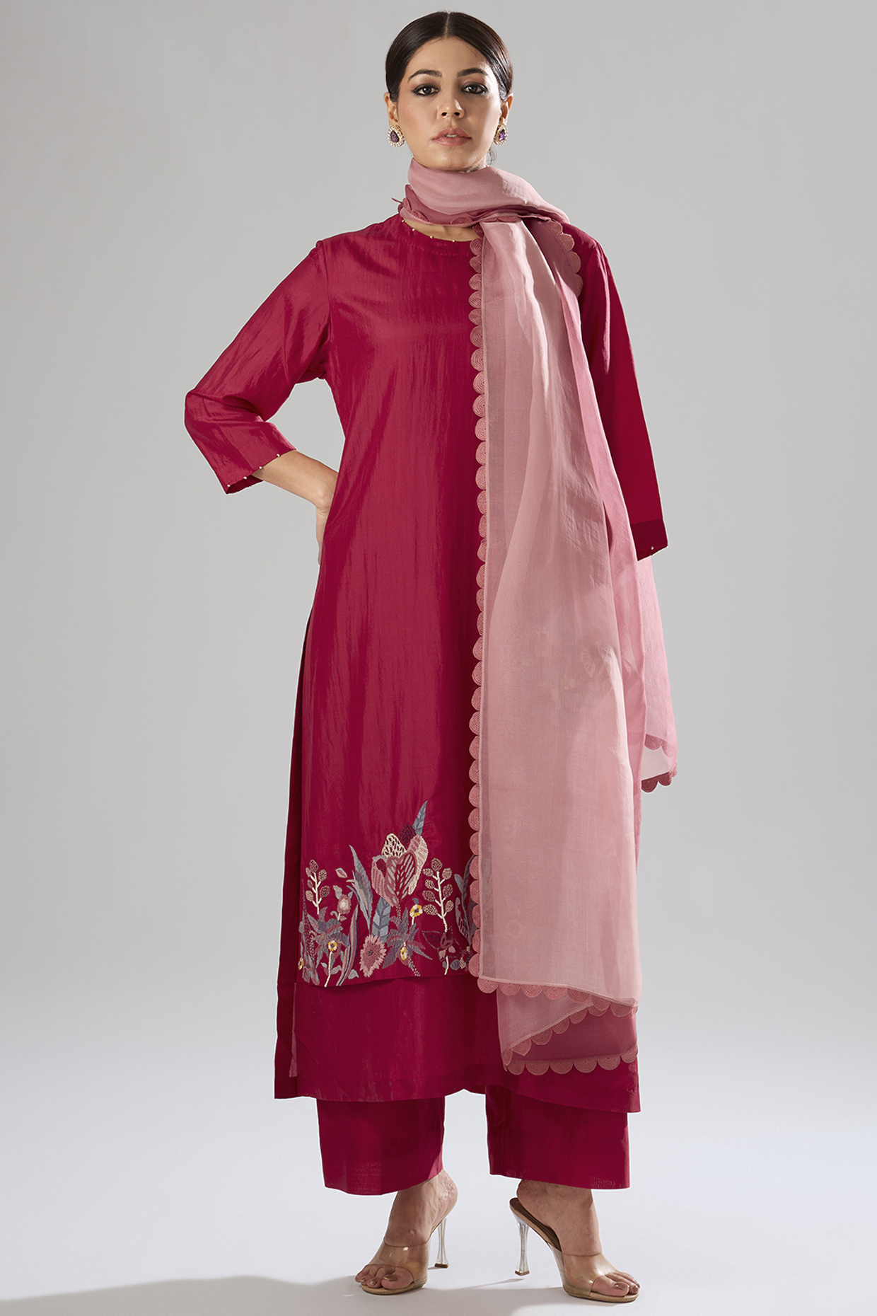Poppy Red Mulberry Silk Hand Embroidered Kurta Set by Divyam Mehta at Pernia's Pop Up Shop