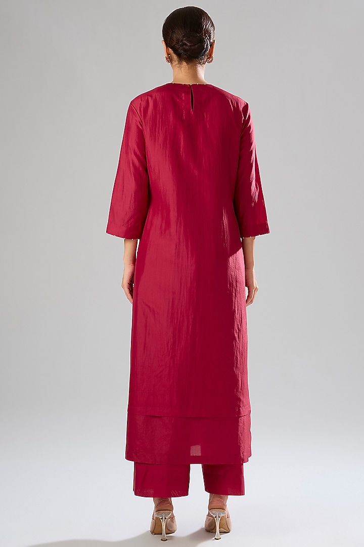 Poppy Red Mulberry Silk Hand Embroidered Kurta Set by Divyam Mehta at Pernia's Pop Up Shop