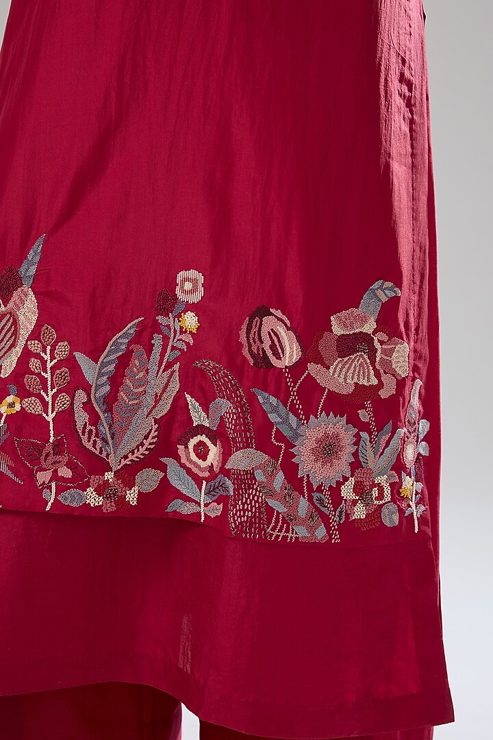 Poppy Red Mulberry Silk Hand Embroidered Kurta Set by Divyam Mehta at Pernia's Pop Up Shop