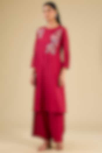Poppy Red Mulberry Silk Hand Embroidered Kurta Set by Divyam Mehta at Pernia's Pop Up Shop