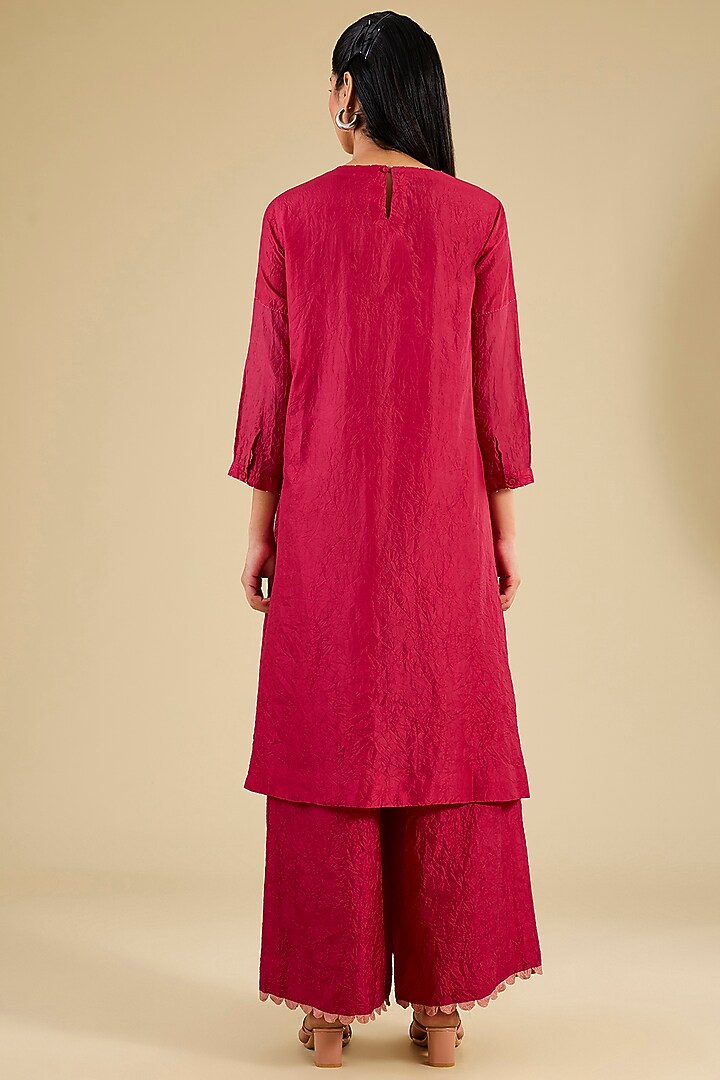 Poppy Red Mulberry Silk Hand Embroidered Kurta Set by Divyam Mehta at Pernia's Pop Up Shop