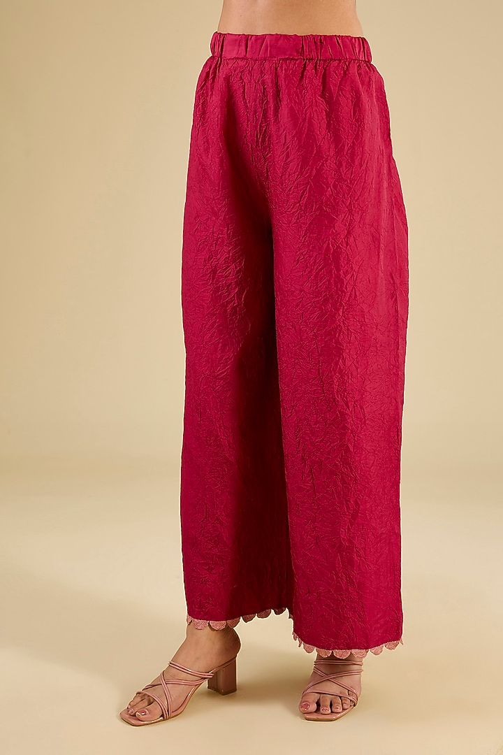 Poppy Red Mulberry Silk Hand Embroidered Kurta Set by Divyam Mehta at Pernia's Pop Up Shop