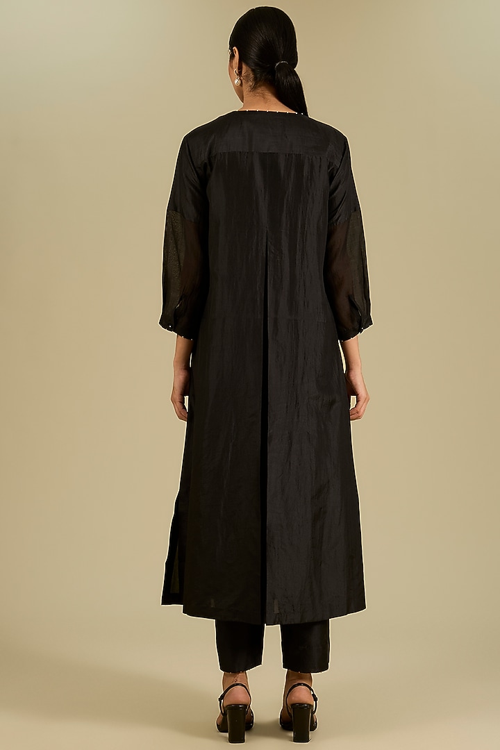 Coal Black Mulberry Silk Hand Embroidered Kurta Set by Divyam Mehta at Pernia's Pop Up Shop