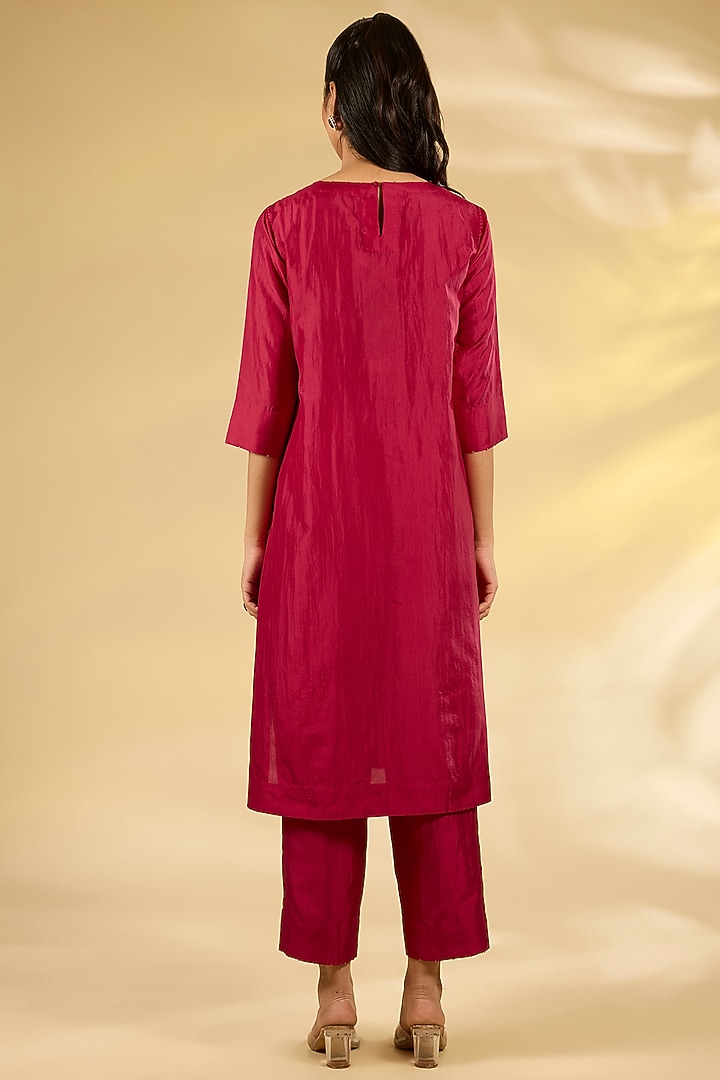 Poppy Red Mulberry Silk Hand Embroidered Kurta Set by Divyam Mehta at Pernia's Pop Up Shop